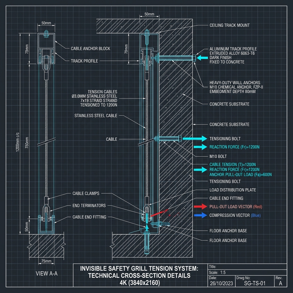 Technical CAD blueprint drawing of VS invisible grill tensioning anchoring details