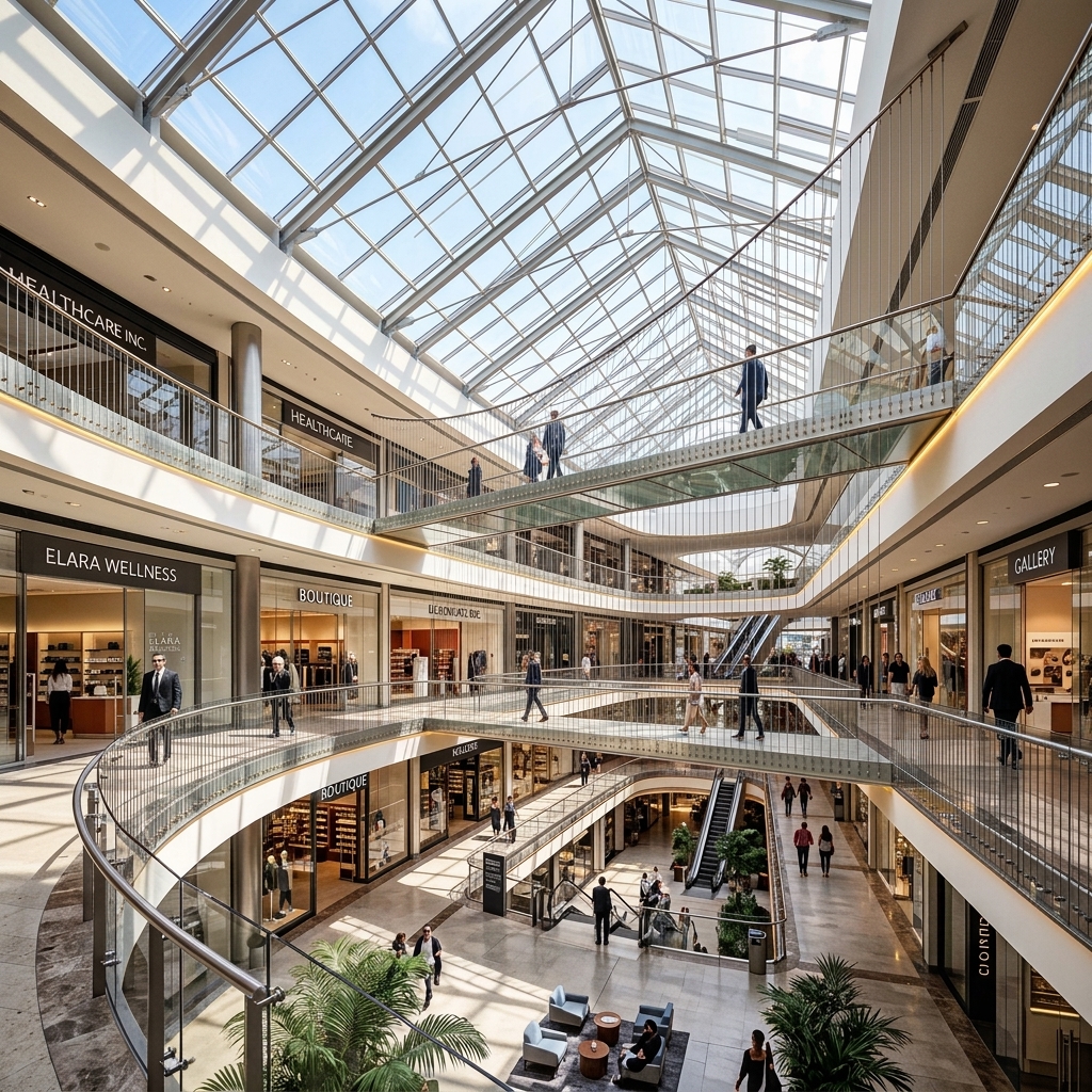 Skyway and commercial mall atrium secured by invisible safety cables